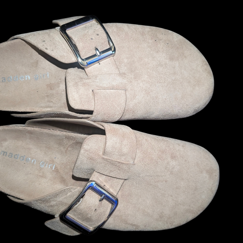 Madden Girl Tan Suede Buckle Slides
